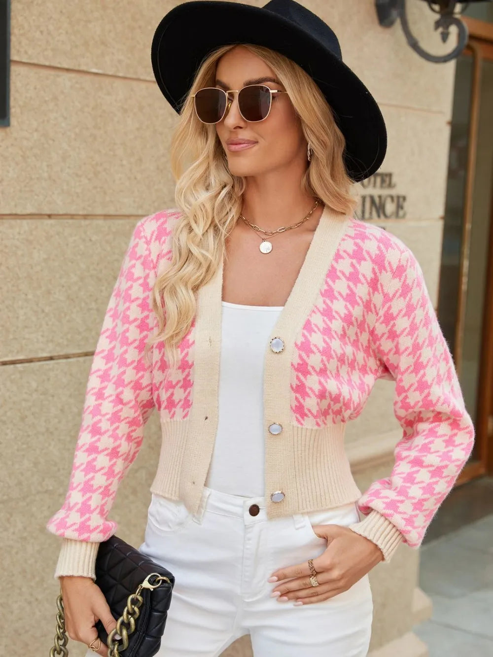 Houndstooth Button Up Long Sleeve Cardigan - Lilixa.store