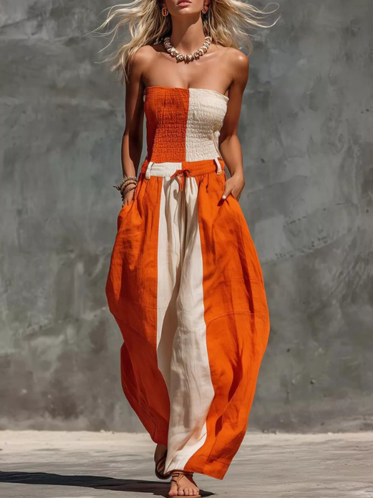 Color-Block Strapless Smocked Jumpsuit - Lilixa.store