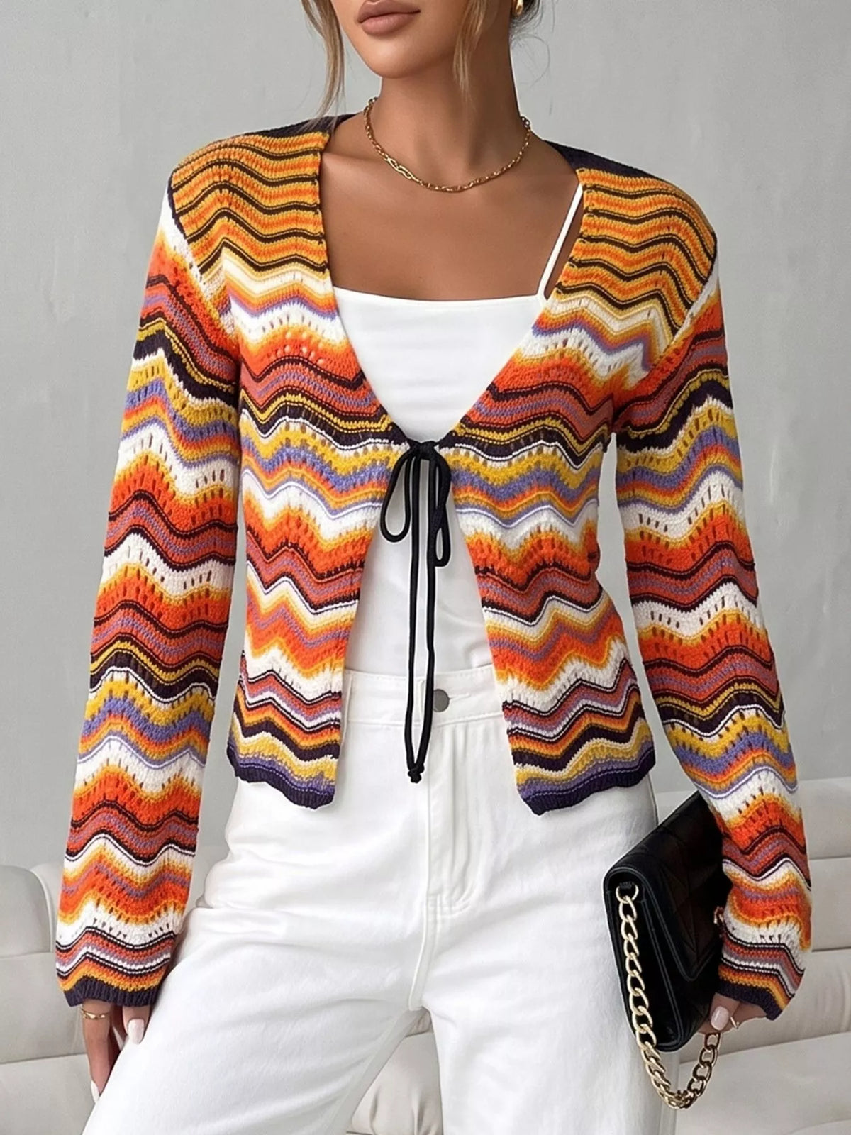 Vibrant Chevron Striped Tie-Front Knit Cardigan, view 4