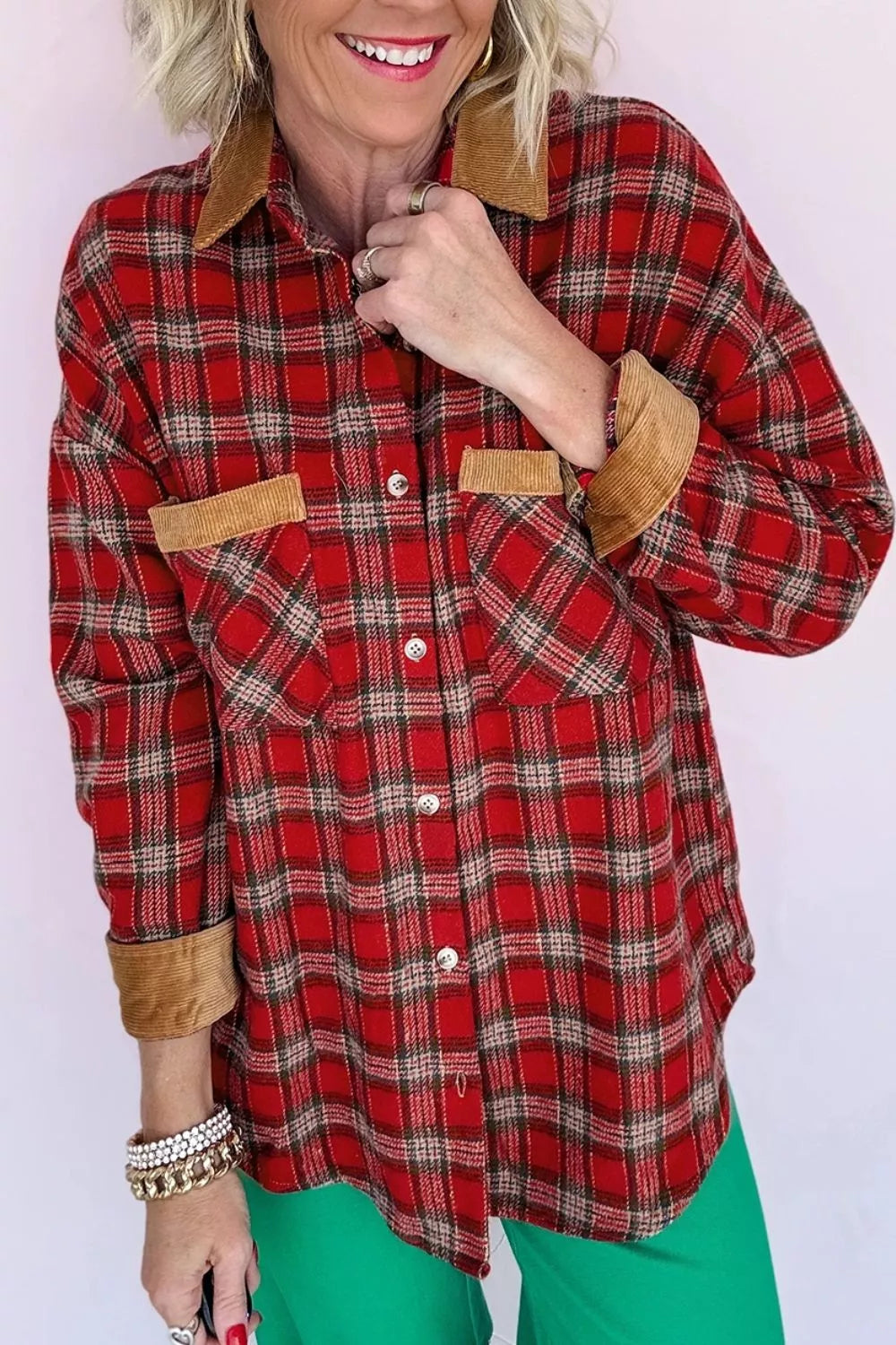 Plaid Corduroy Trim Dropped Shoulder Shacket