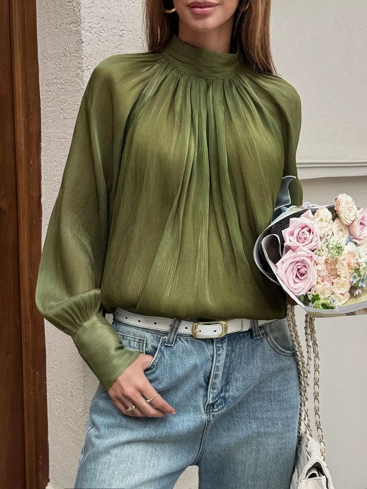Mock Neck Lantern Sleeves Blouse - Lilixa.store
