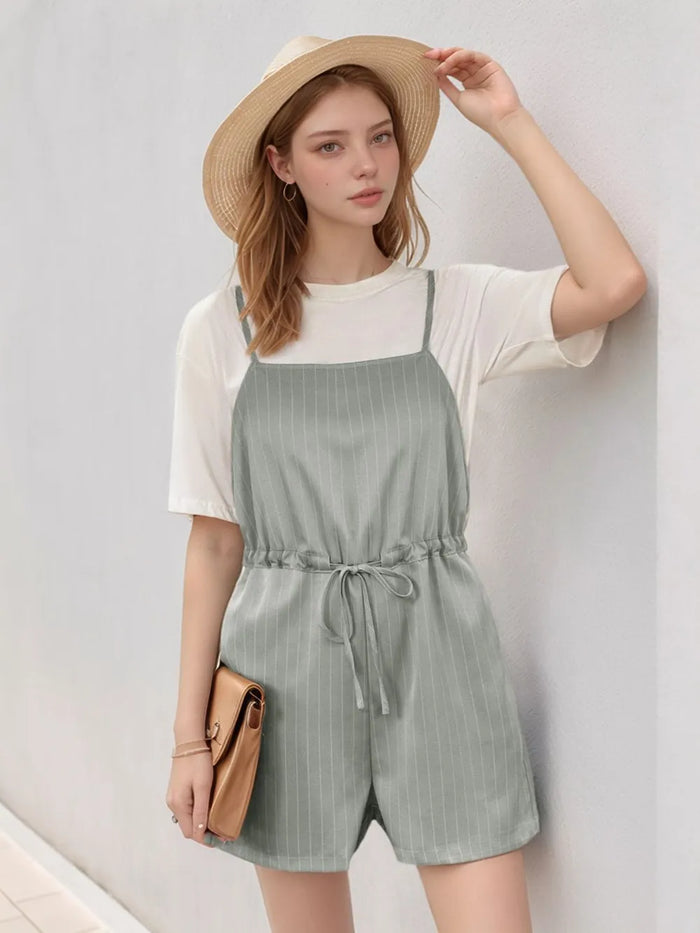 Perfee Drawstring Waist Striped Overalls with Pockets - Lilixa.store