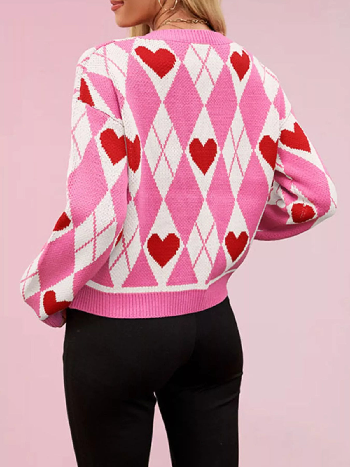 Argyle Heart Pattern Button-Up Knit Cardigan - Lilixa.store