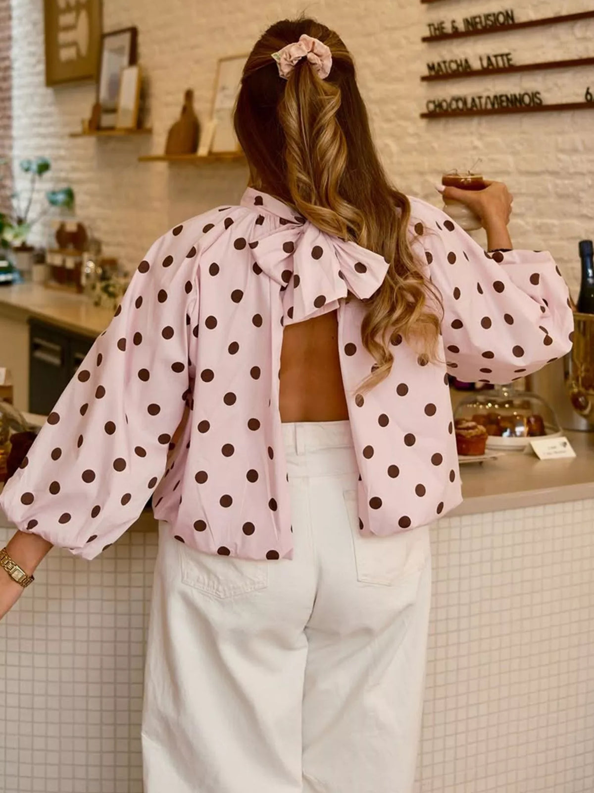 Polka Dot Open-Back Tied Blouse