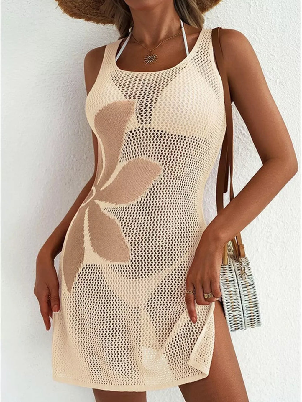 Side Slit Flower Crochet Knit Cover Up Dress - Lilixa.store