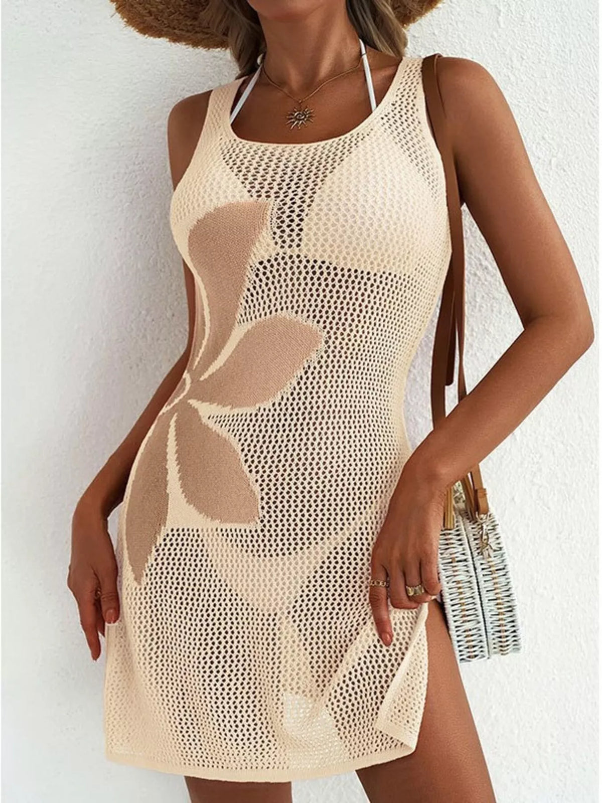 Side Slit Flower Crochet Knit Cover Up Dress, view 3