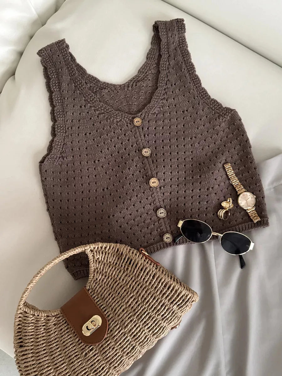 Crochet Decor Button Eyelet Knit Vest, view 11