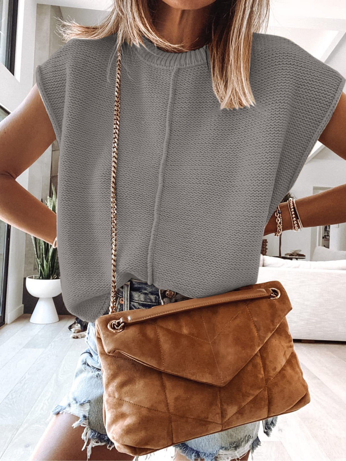Cap Sleeve Sweater Vest in Charcoal