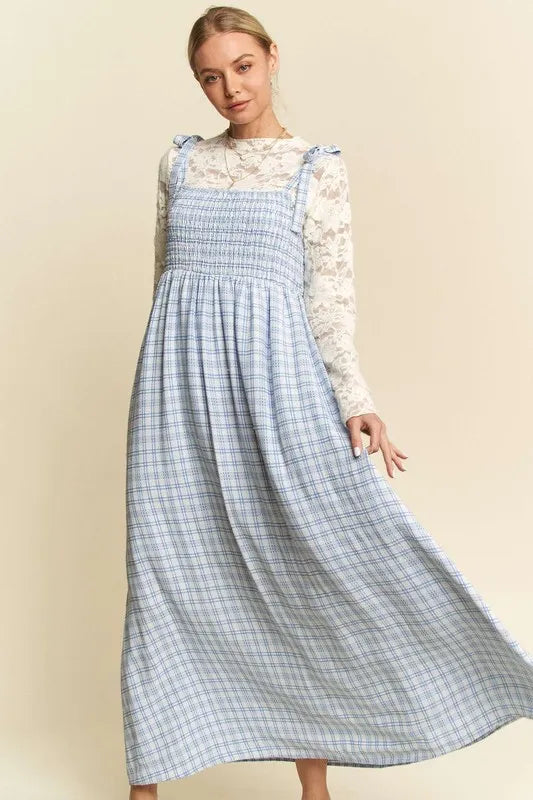 Davi & Dani Plaid Smocking Sleeveless Maxi Dress - Lilixa.store