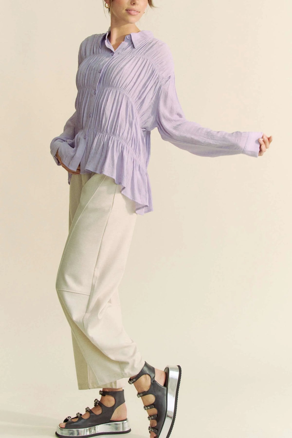 Davi & Dani Ruched All Over Button Front Shirt - Lilixa.store