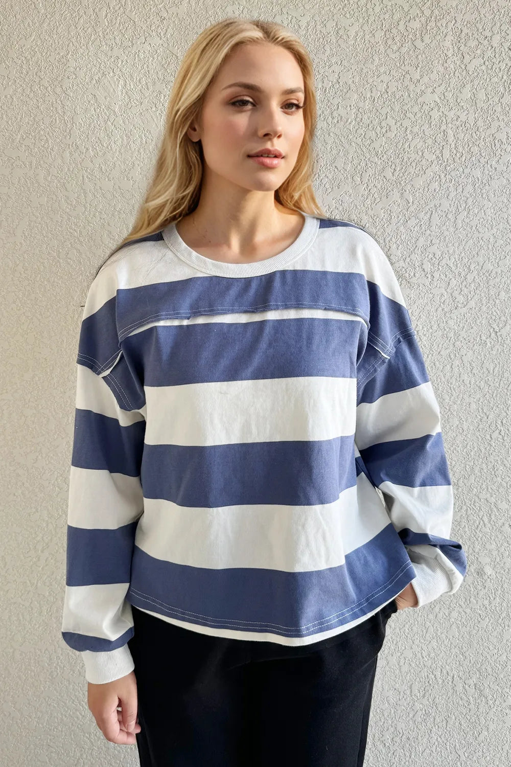 Oh Pima Cotton Wash Exposed Seam Contrast Striped Round Neck Long Sleeve T-Shirt - Lilixa.store