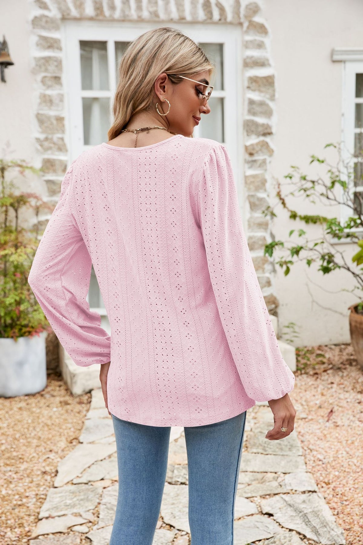 Eyelet Notched Neck Balloon Sleeve Blouse, view 10