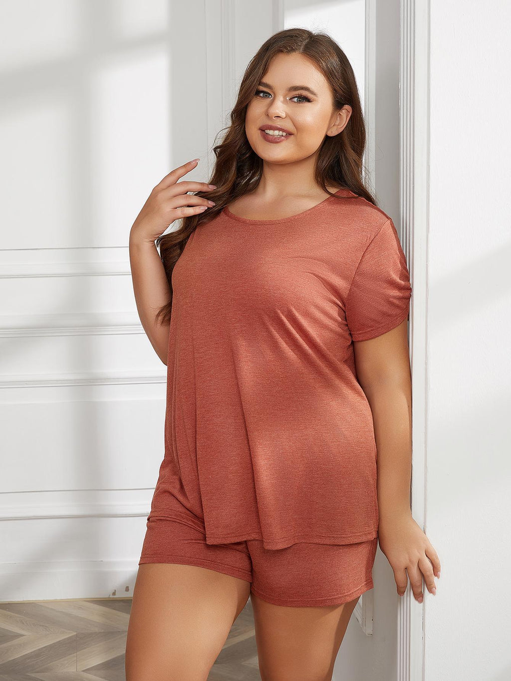 Plus Size Round Neck Short Sleeve Two-Piece Loungewear Set - Lilixa.store