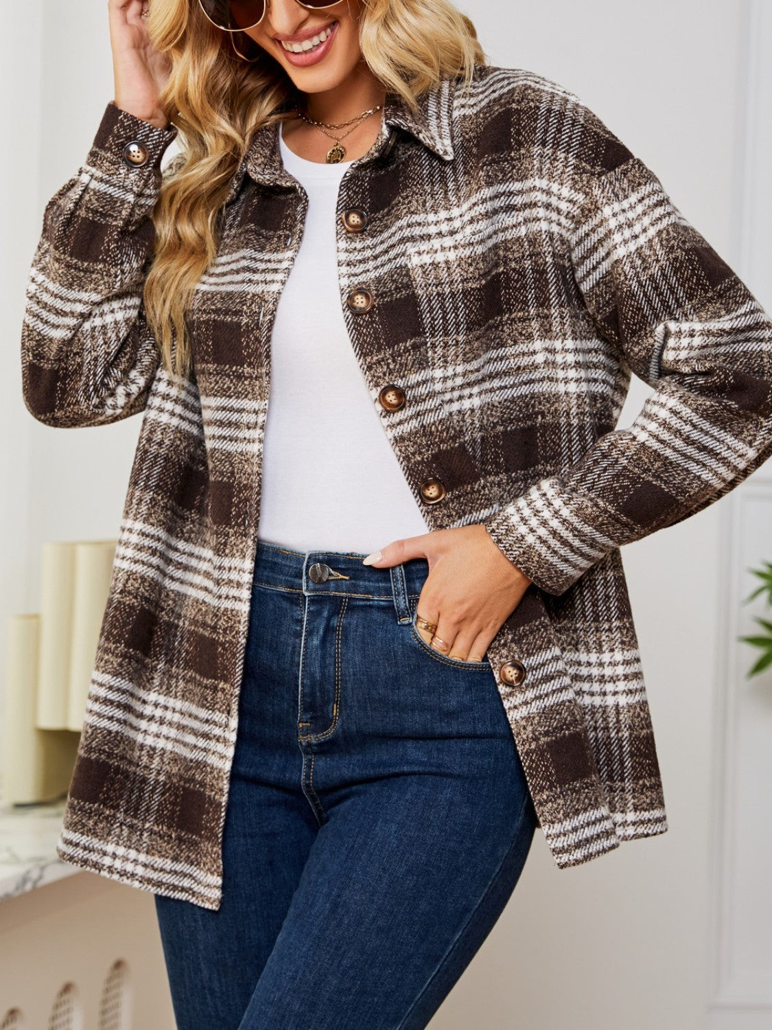 Plaid Collared Shirt Jacket in Brown