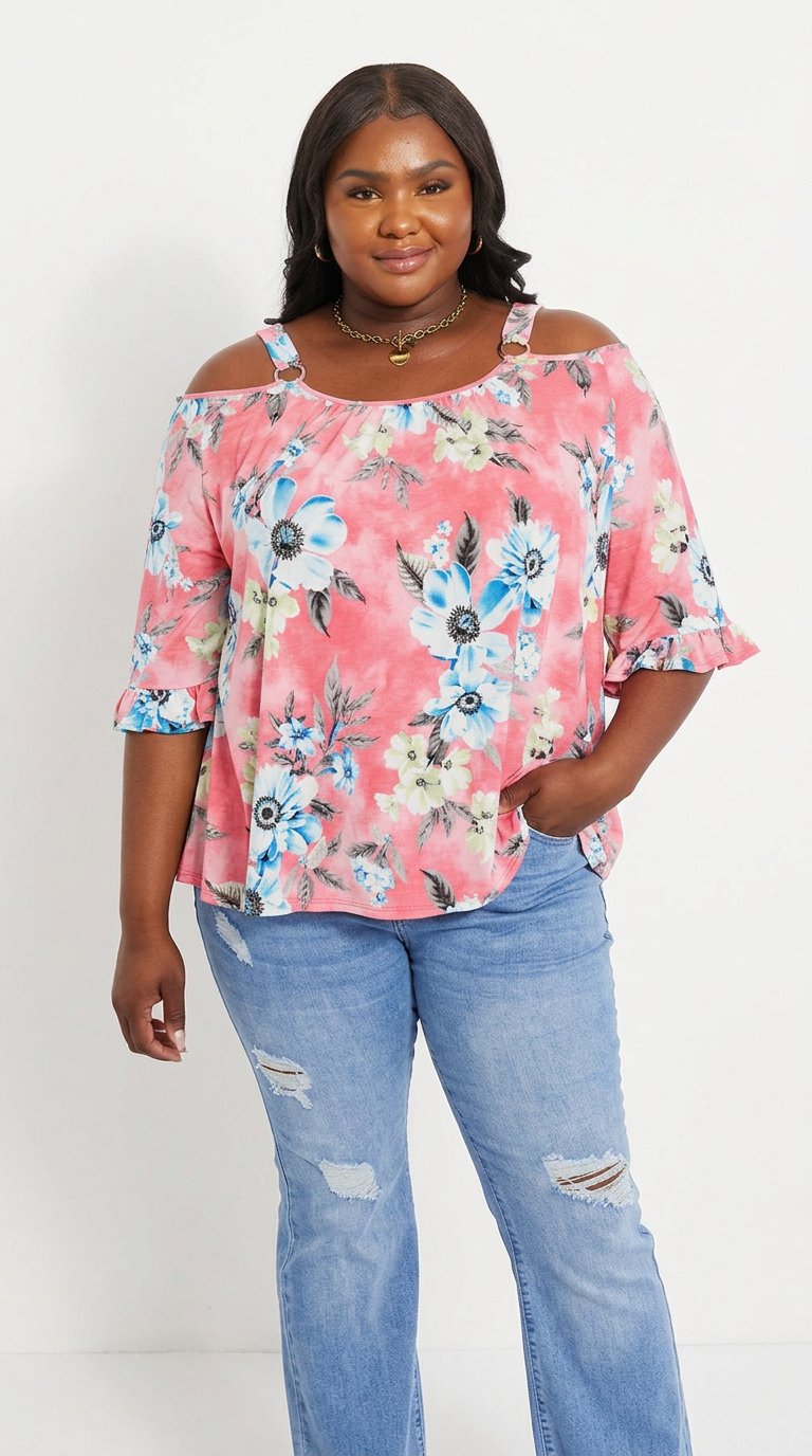 Sew In Love Full Size Fresh Take Floral Cold-Shoulder Top in Hot Pink