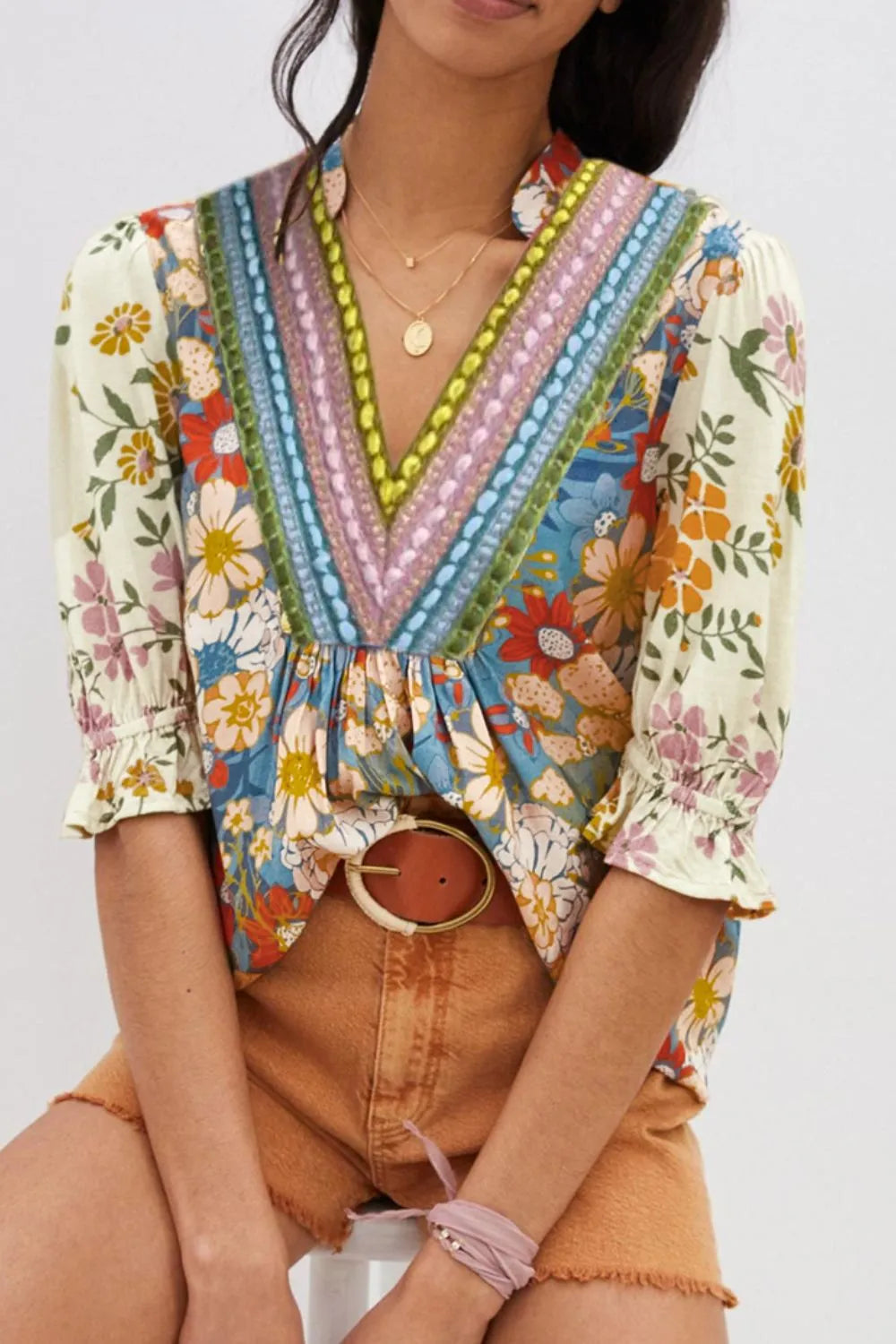 Multicolour Crochet V Neck Half Sleeve Boho Floral Blouse, view 6