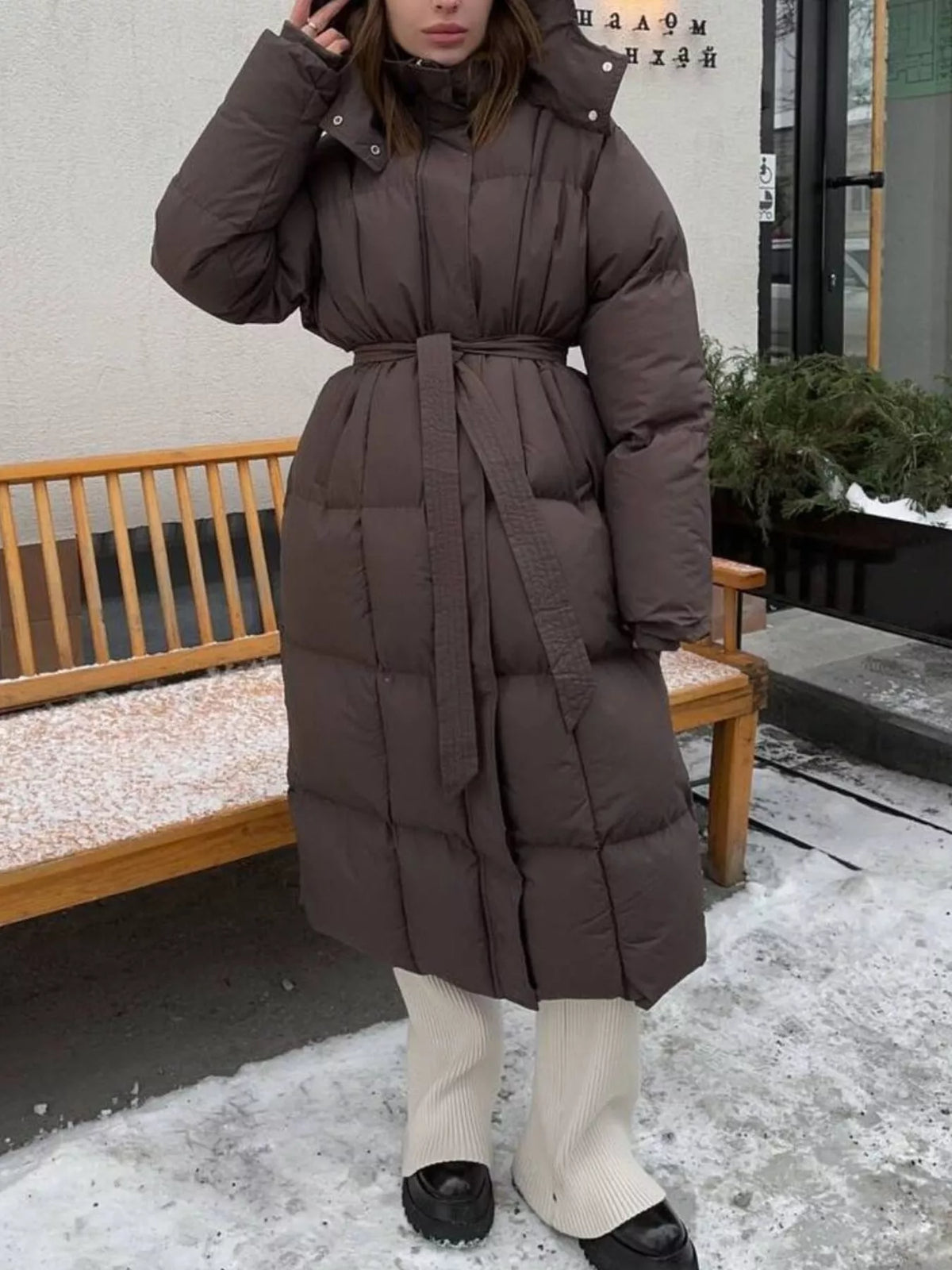 Longline Padded Winter Coat with Belted, view 10