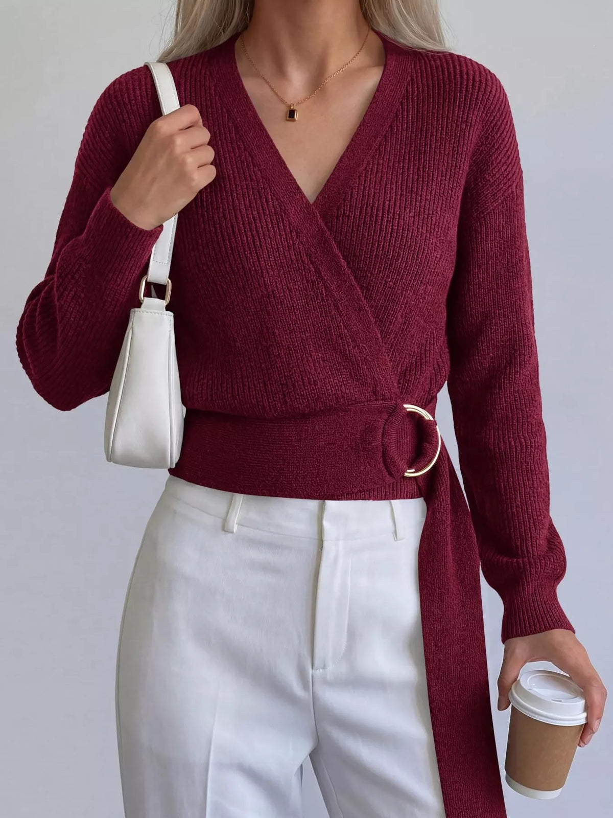 Metal Ring Detail Dropped Shoulder Sweater - Lilixa.store