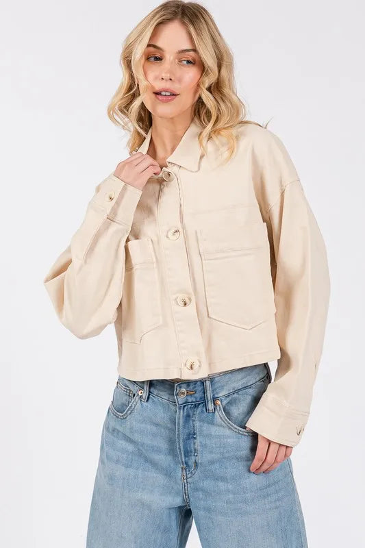 bytos Button Down Cropped Denim Jacket with Patch Pockets in Tan