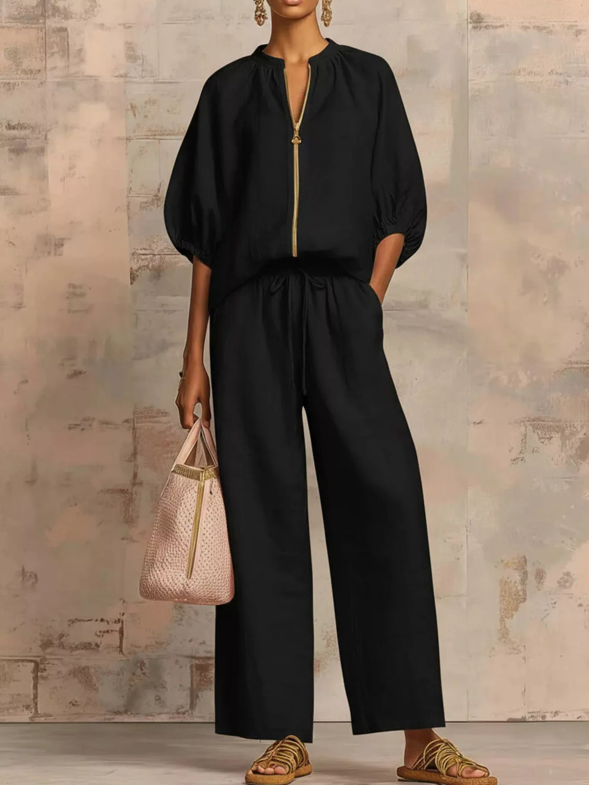 Full Size Zip-Front Top and Wide-Leg Pants Set Plus Size - Lilixa.store
