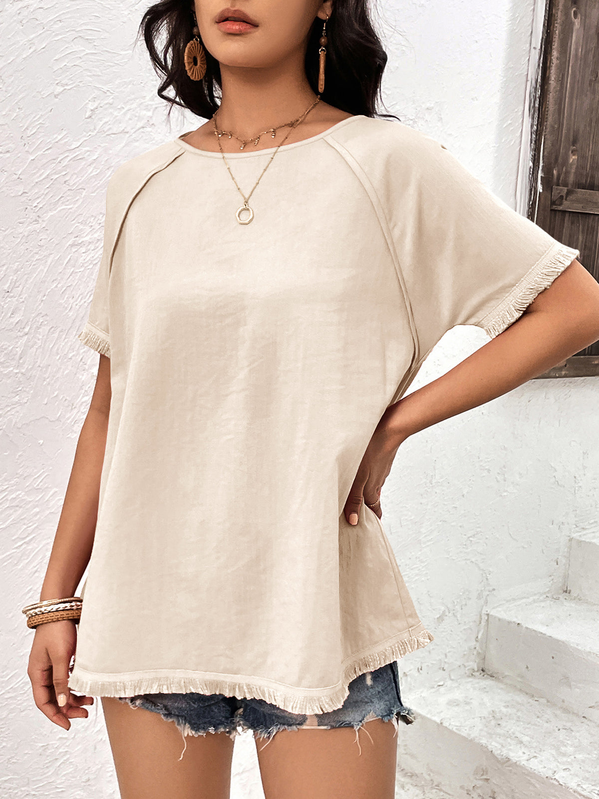 Ivy Lane Round Neck Raglan Sleeve Fringe Detail Top, view 5