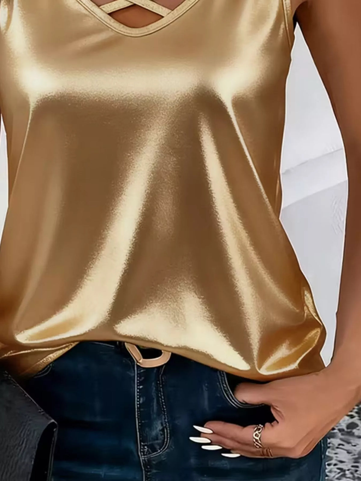 Satin V-Neck Criss-Cross Tank, view 12
