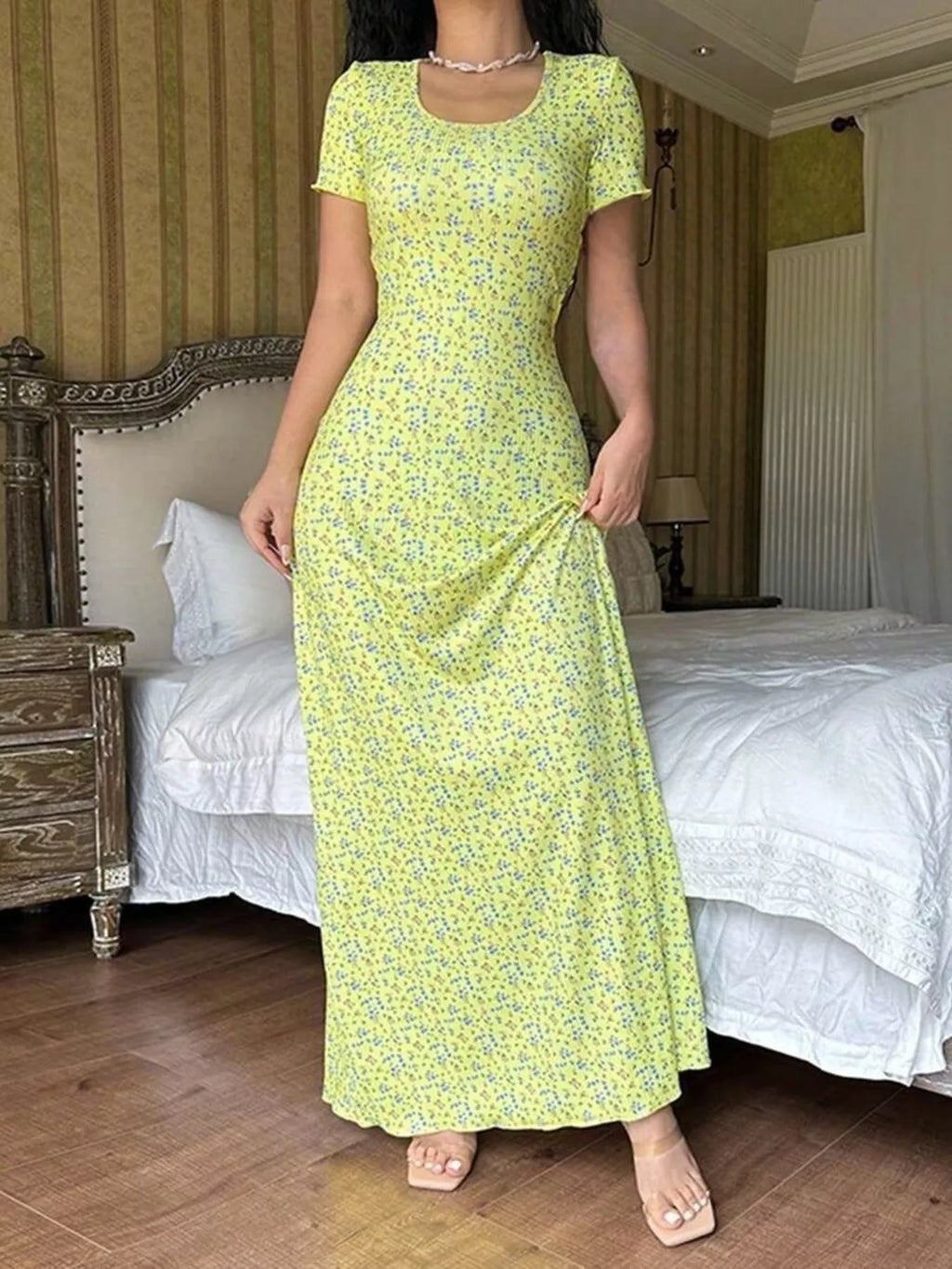 Floral Print Short Sleeve Maxi Dress - Lilixa.store