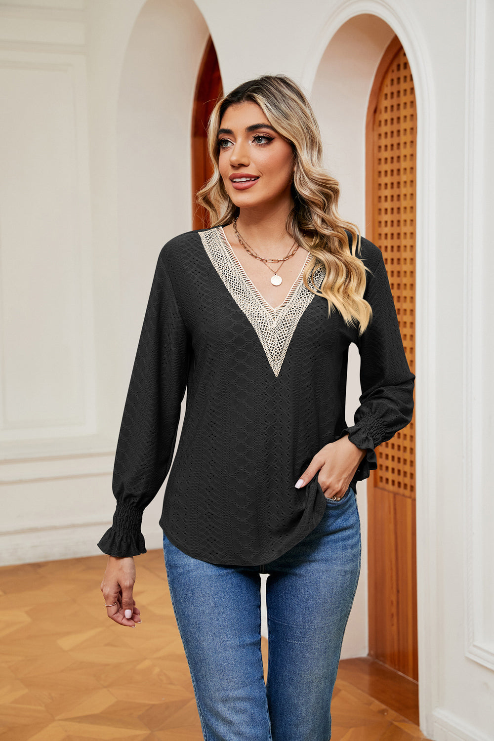 Contrast Flounce Sleeve Blouse in Black
