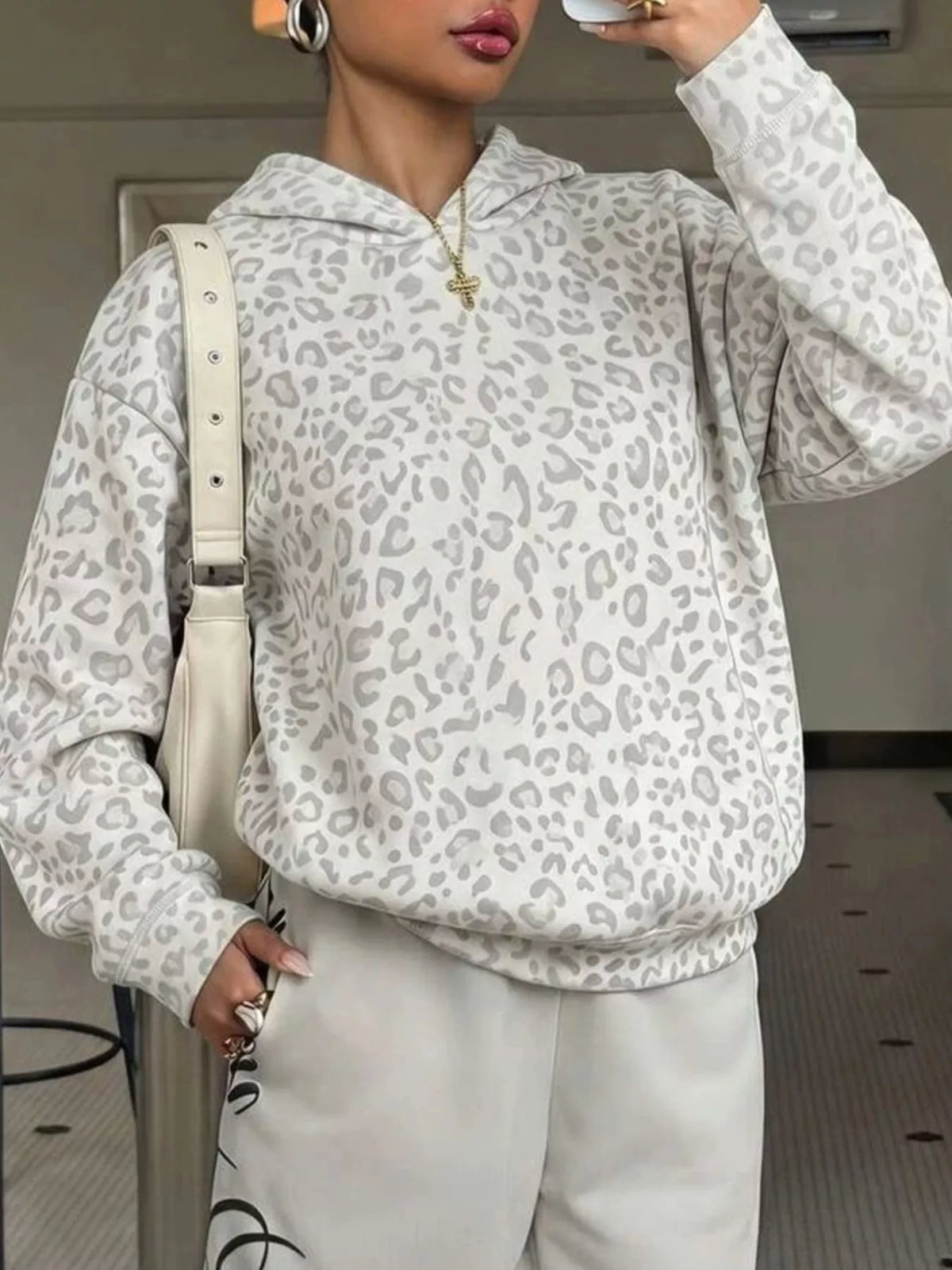 Leopard Dropped Shoulder Hoodie, view 4