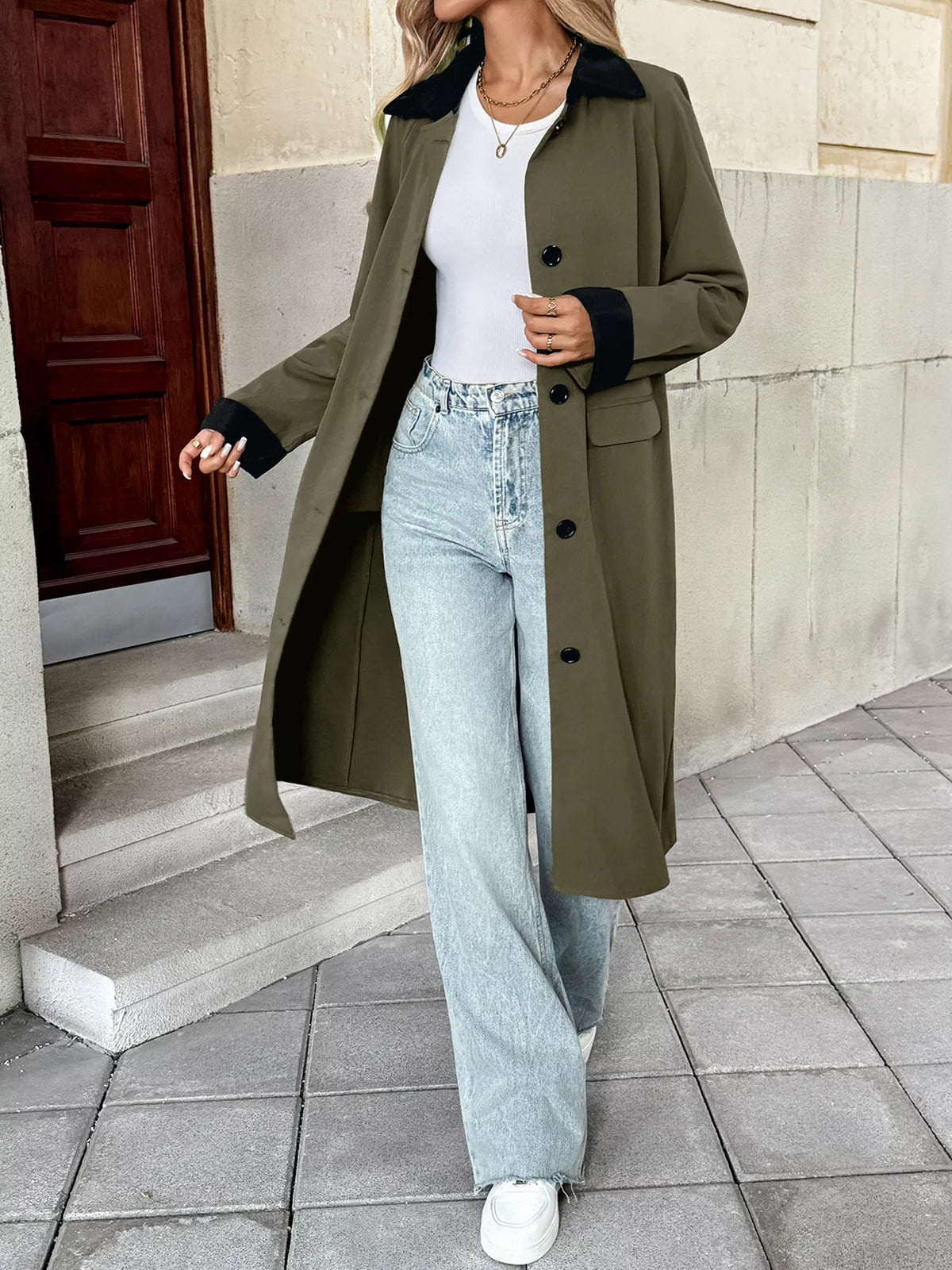Contrast Collar Button Up Coat in Green, view 3