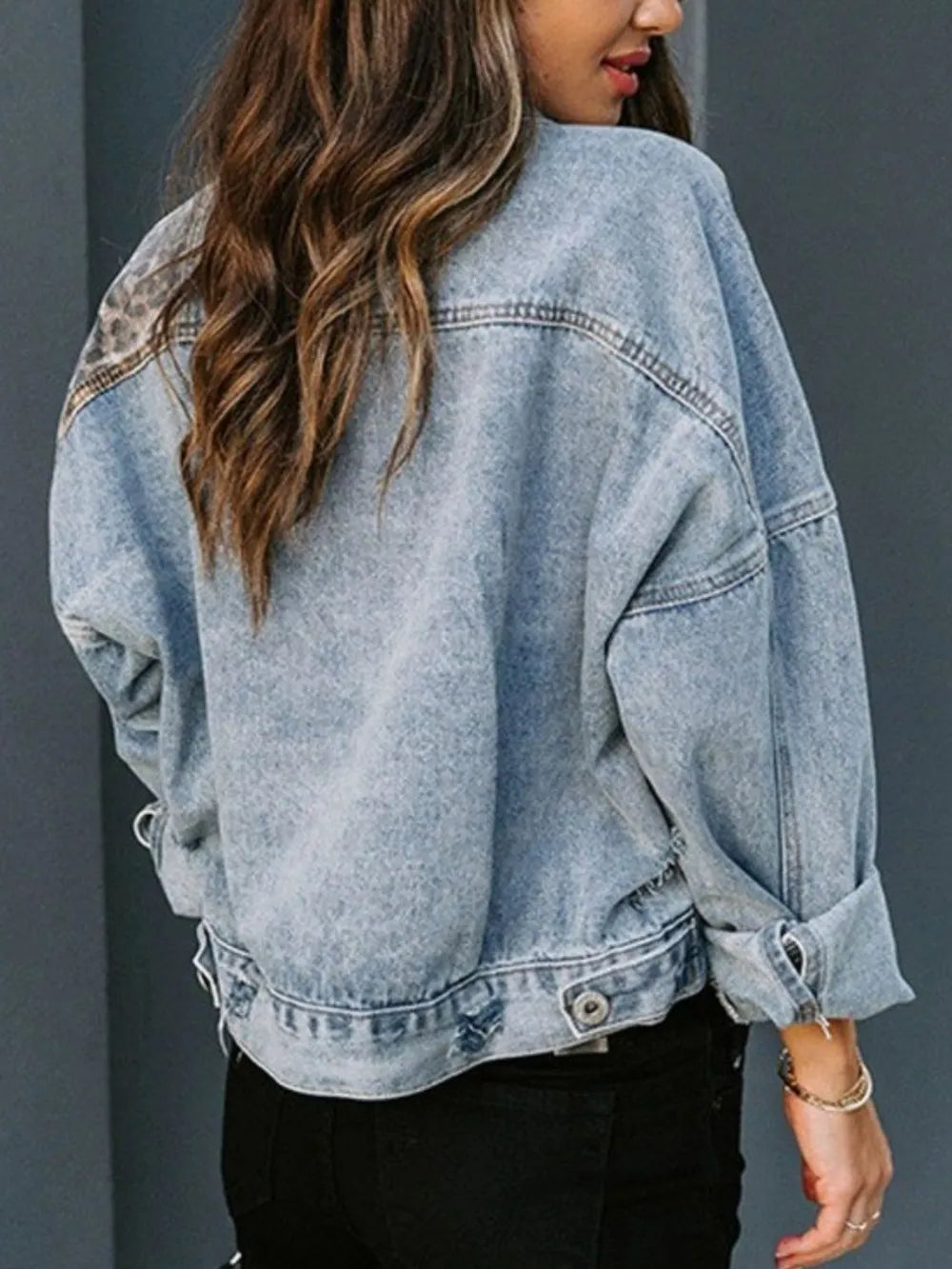 Distressed Leopard Drop Shoulder Denim Jacket, view 5