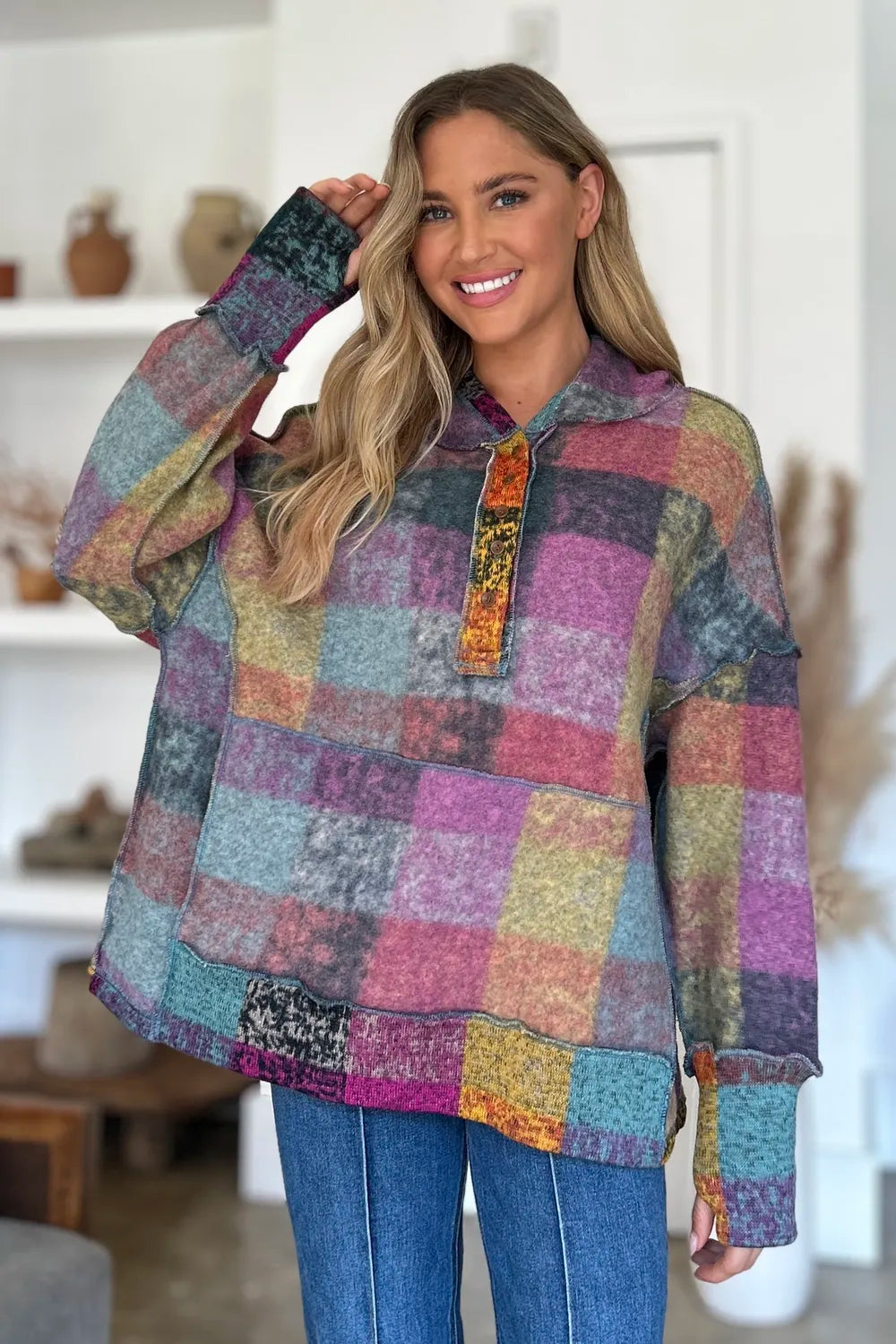 Double Take Full Size Plaid Dropped Shoulder Fleece Hoodie Plus Size - Lilixa.store