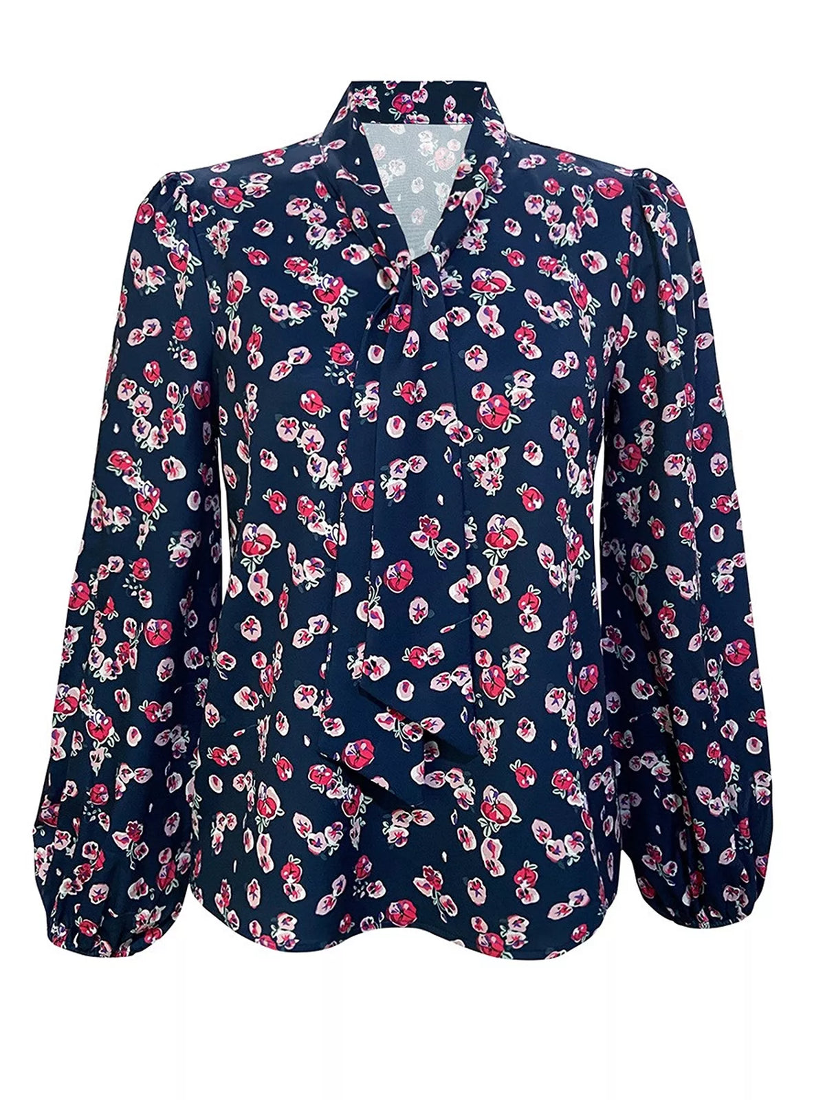 Printed Bow-Tie Neck Long Sleeve Blouse