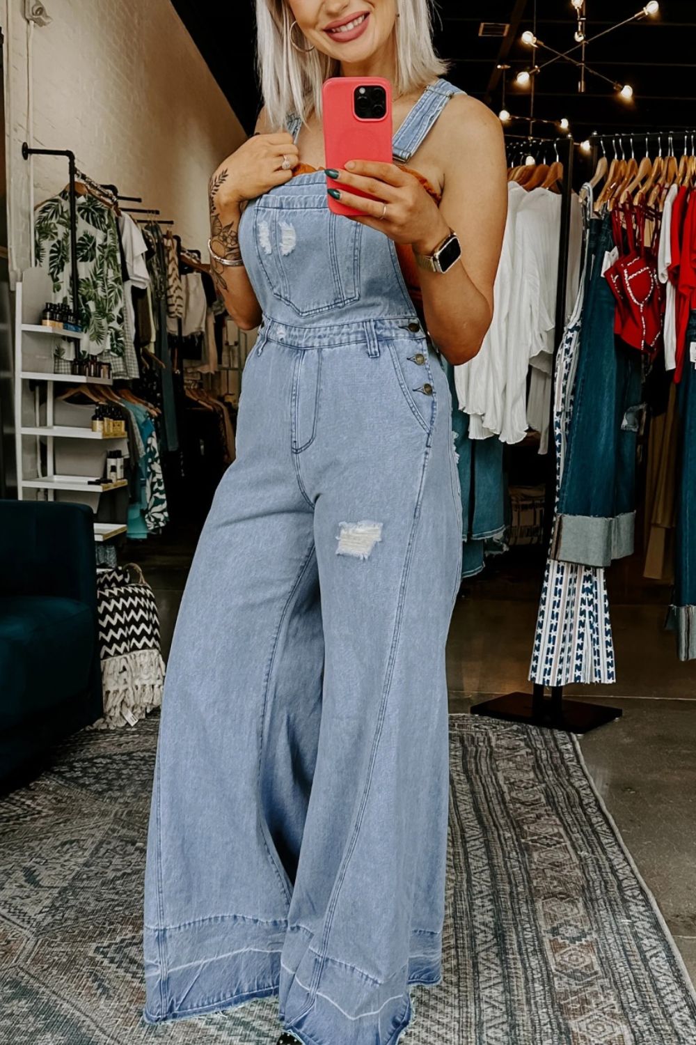 Distressed Wide Leg Denim Overalls - Lilixa.store