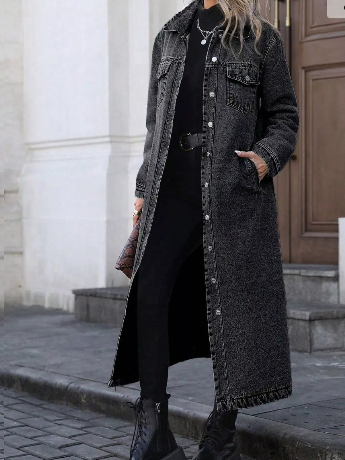 Longline Button-Front Denim Jacket, view 6