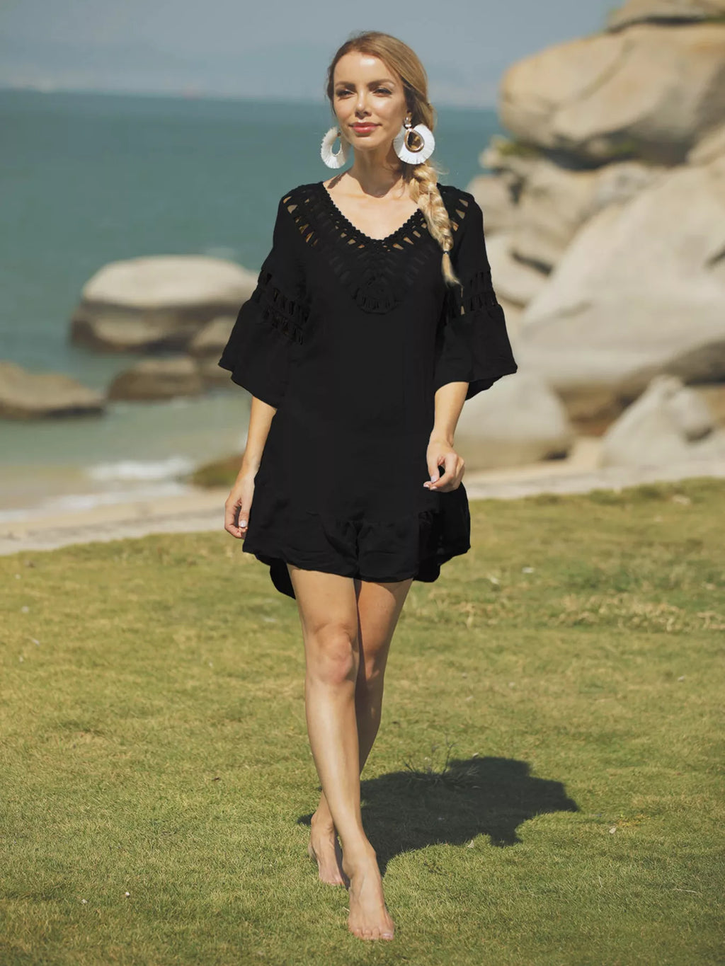 Crochet V-Neck Beach Cover-Up Dress - Lilixa.store