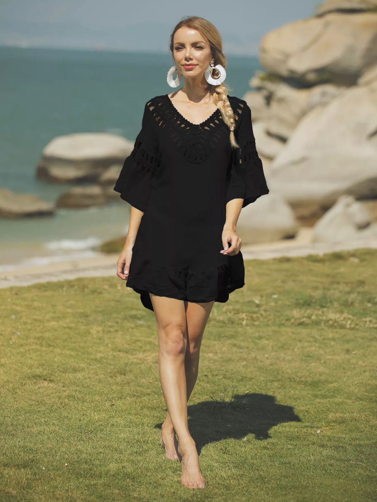 Crochet V-Neck Beach Cover-Up Dress - Lilixa.store