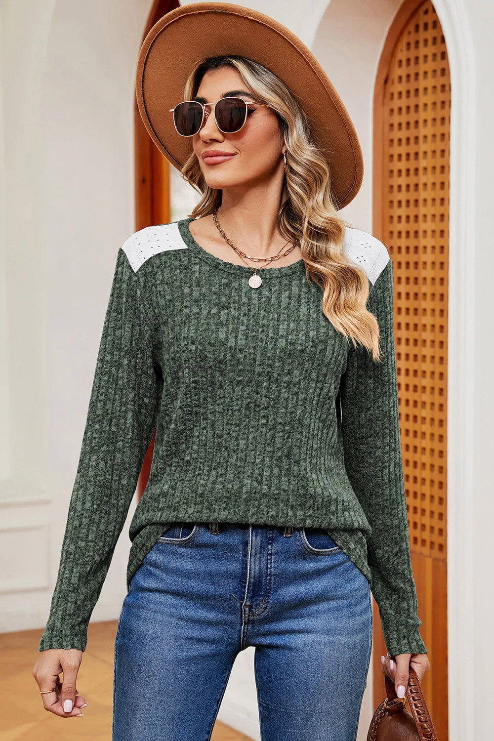 Eyelet Ribbed Round Neck Long Sleeve T-Shirt - Lilixa.store