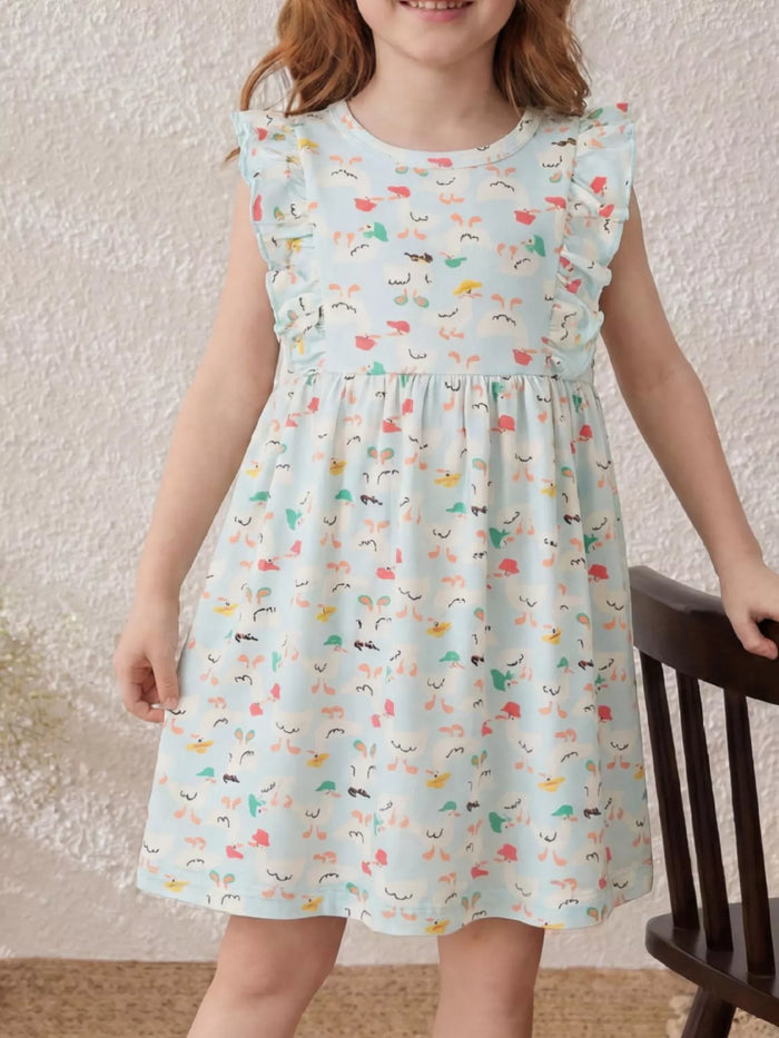 Children's Ruffle Sleeve Cartoon Print Dress - Lilixa.store