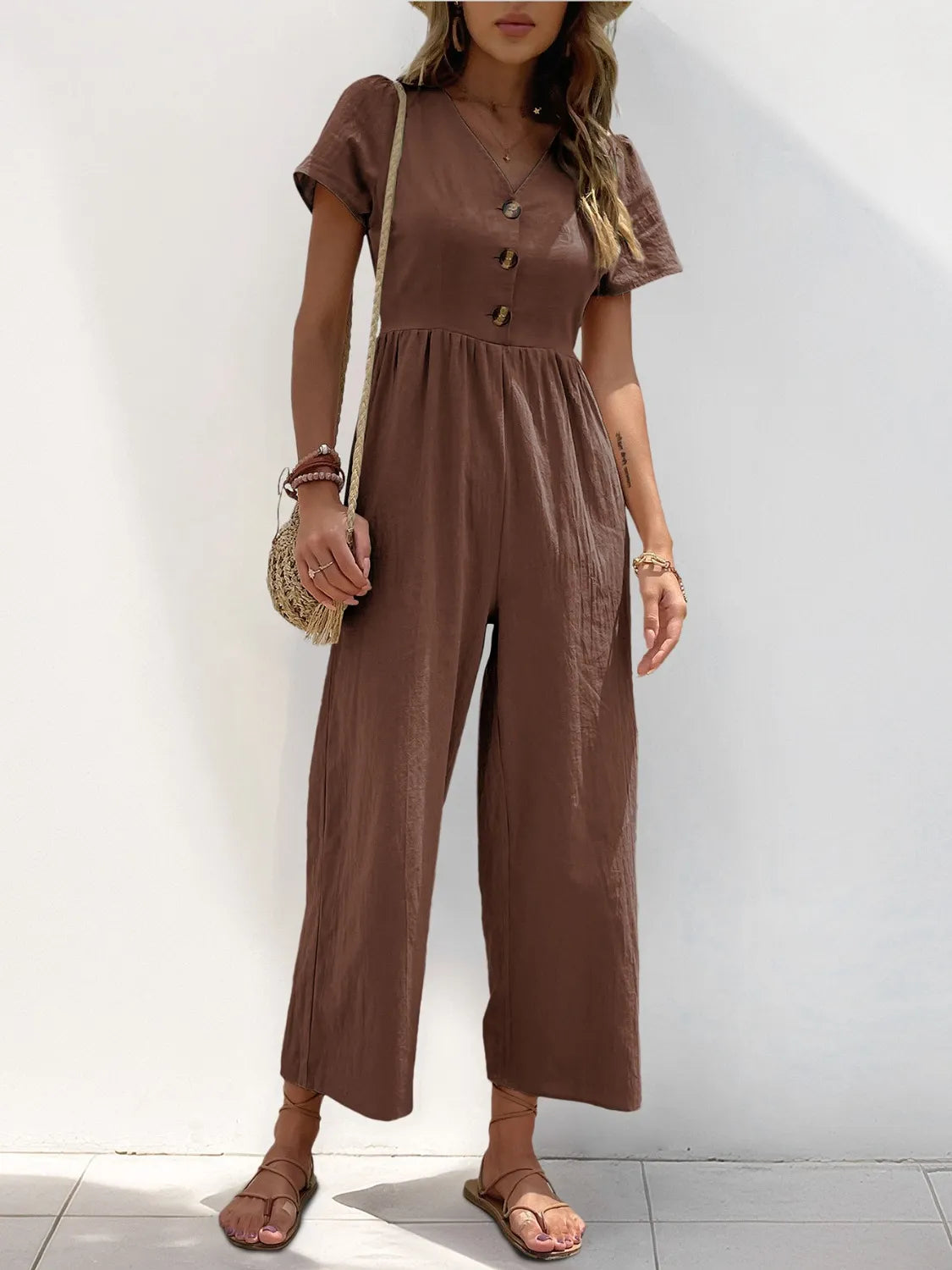 V-Neck Short Sleeve Wide Leg Jumpsuit - Lilixa.store