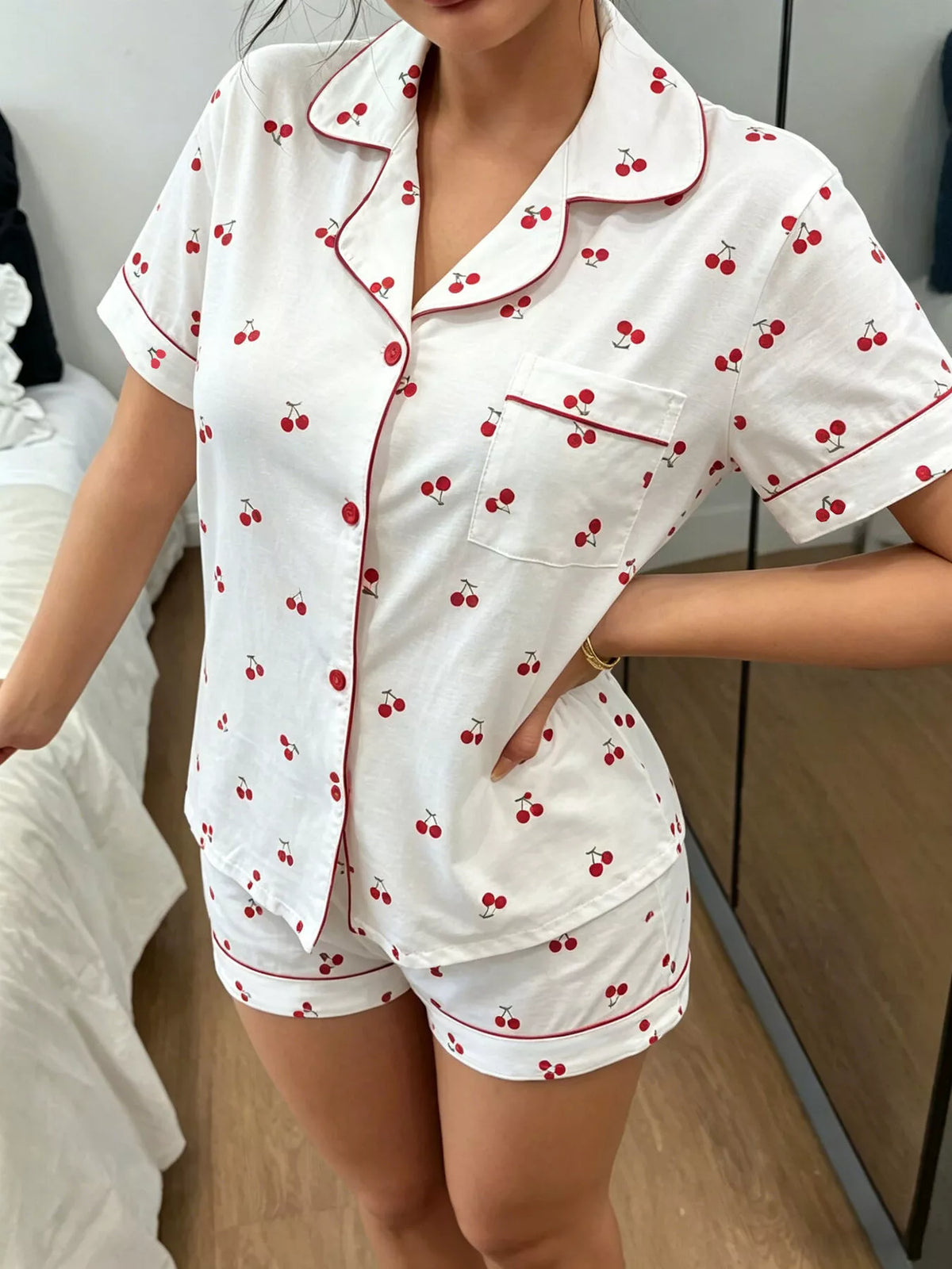 Heart Print Button-Down Short Sleeve Top and Shorts Lounge Set - Lilixa.store