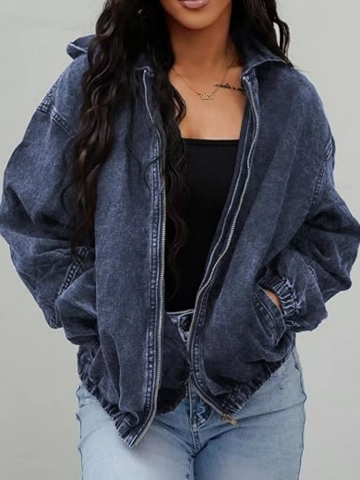 Vintage Washed Zip Up Hooded Denim Jacket in Dark Blue