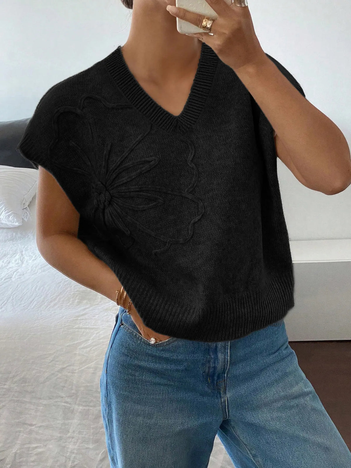Ribbed Hem V-Neck Short Sleeve Sweater - Lilixa.store