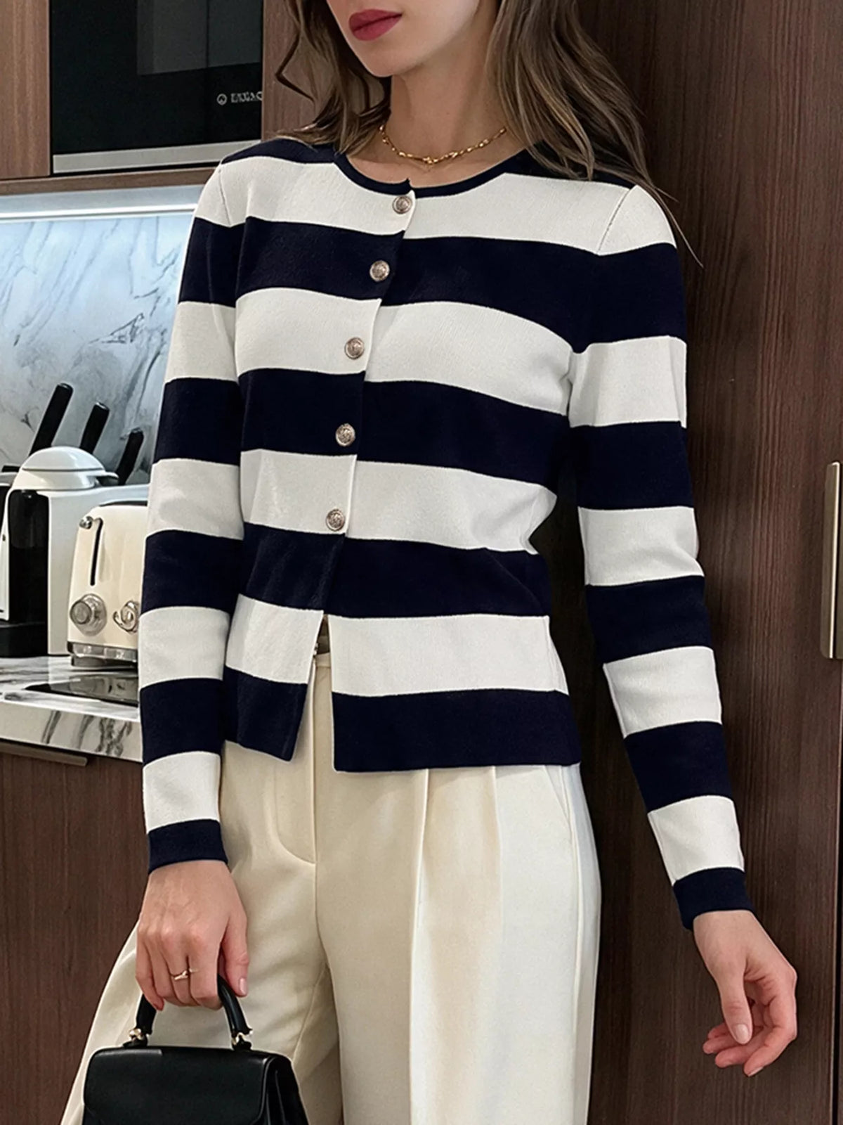 Striped Button-Down Knit Cardigan - Lilixa.store