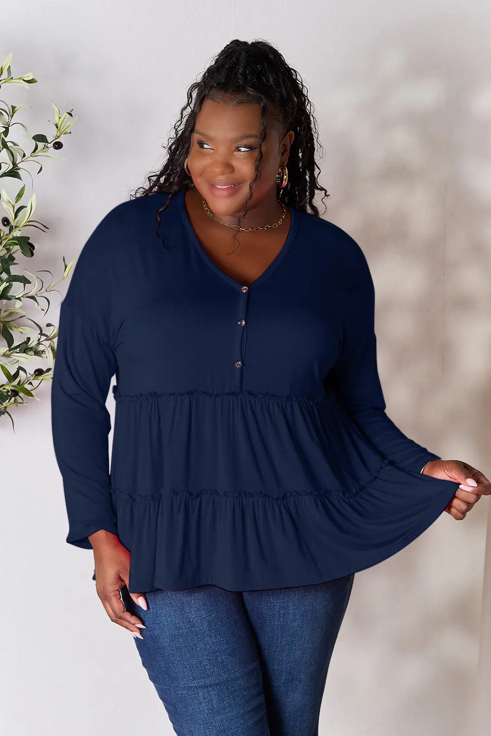 Double Take Half Button Long Sleeve Ruffle Hem Blouse - Lilixa.store