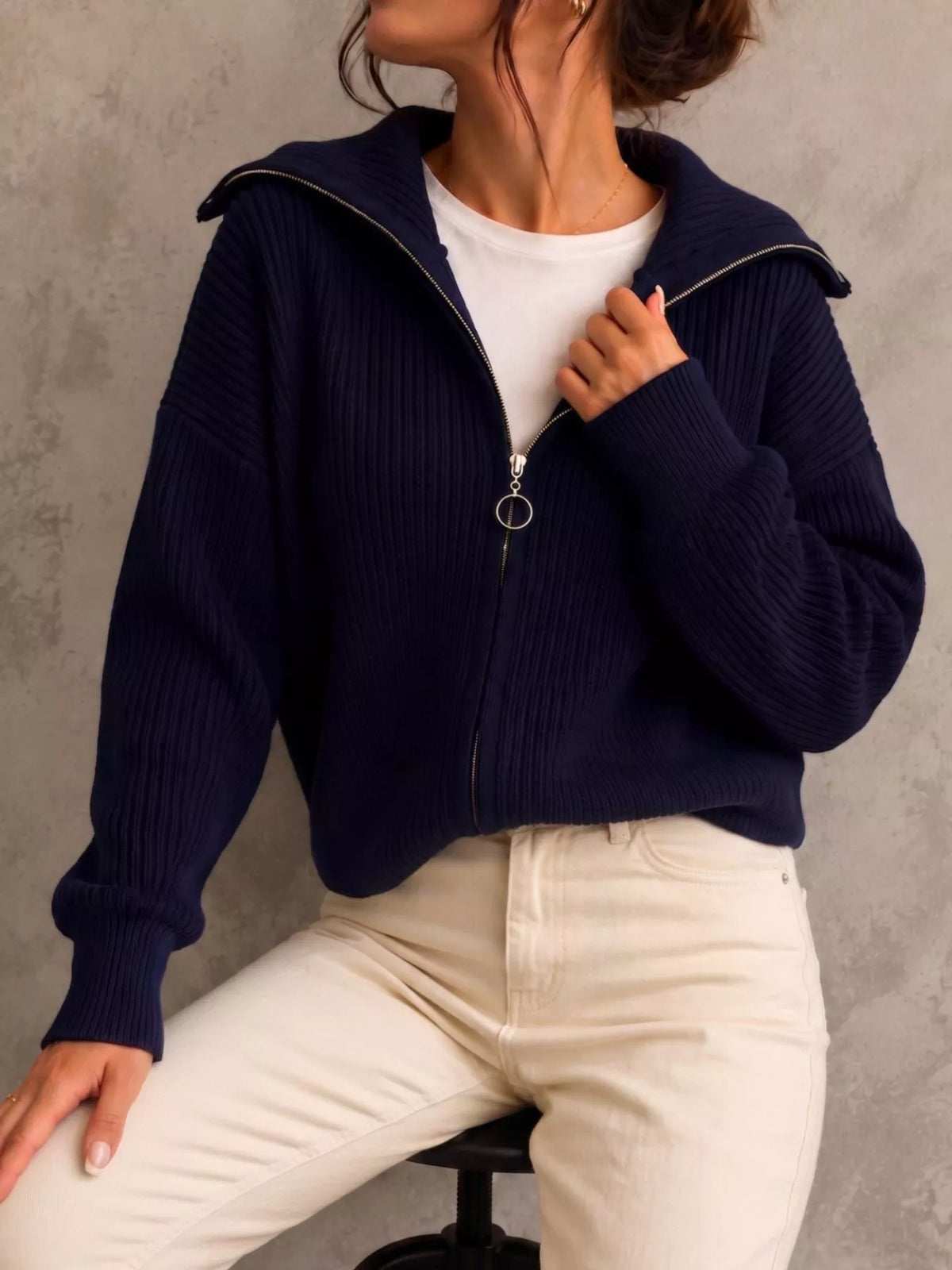 Zip Up Dropped Shoulder Cardigan - Lilixa.store