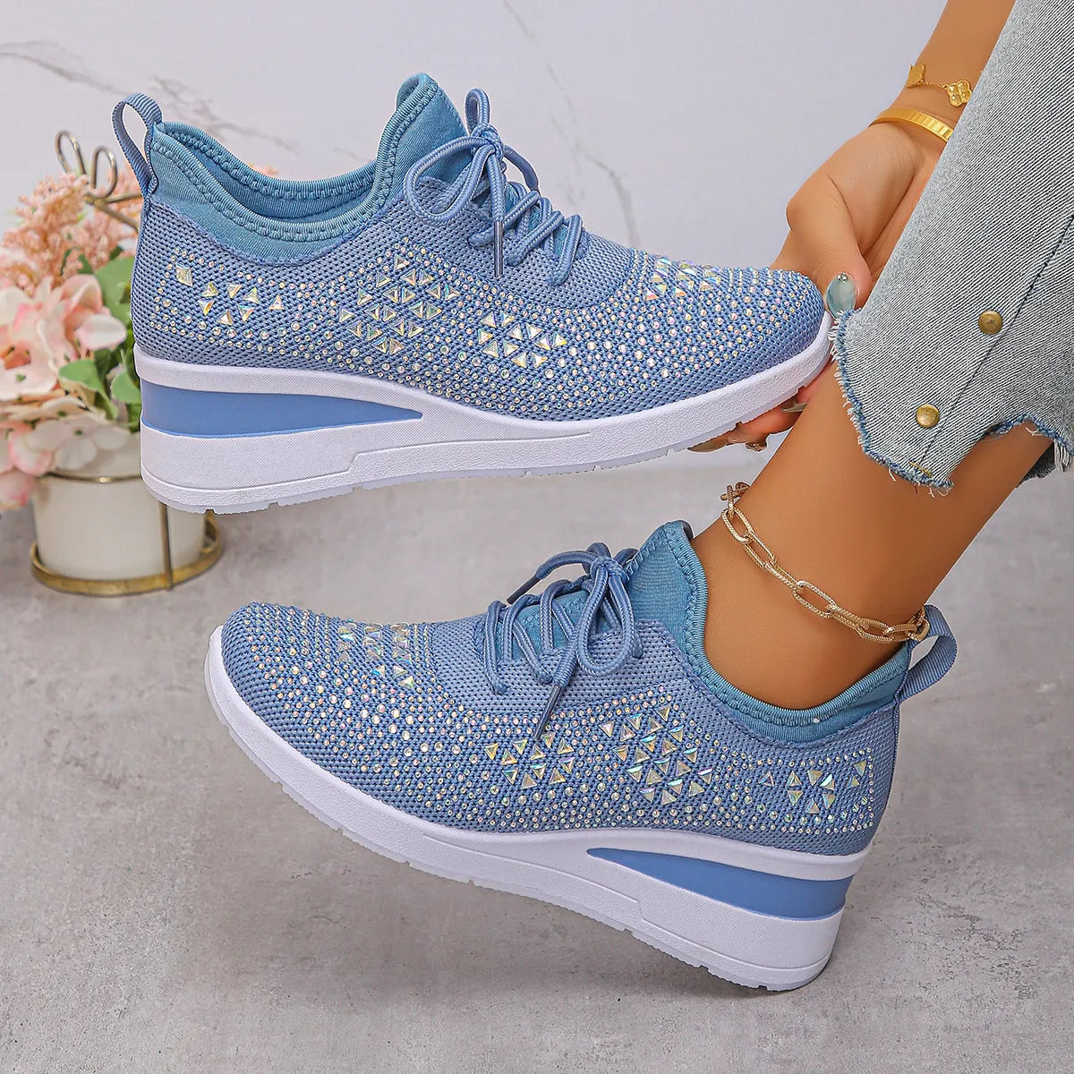 Breathable Mesh Rhinestone Wedge Athletic Sneakers - Lilixa.store