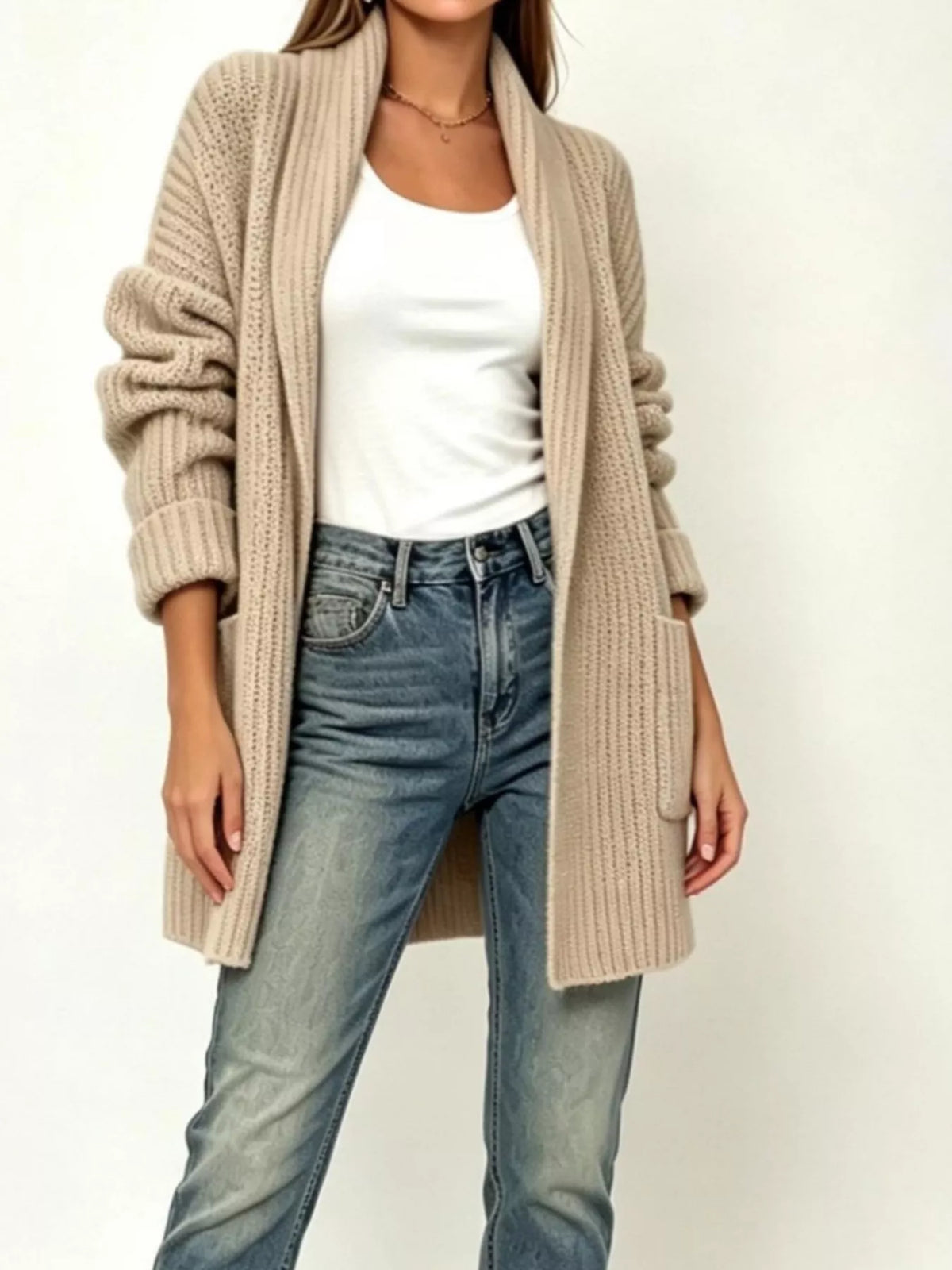 Full Size Open-Front Cardigan with Pockets Plus Size - Lilixa.store