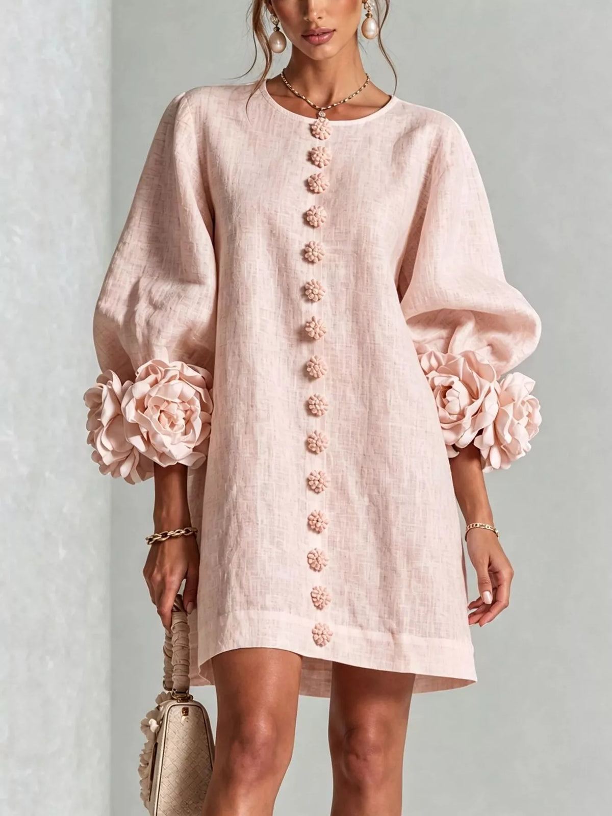 Full Size 3D Floral Round Neck Mini Dress Plus Size - Lilixa.store