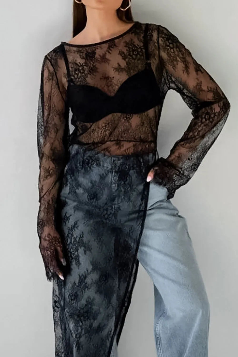 Fringe Round Neck Long Sleeve Lace Sheer Top - Lilixa.store